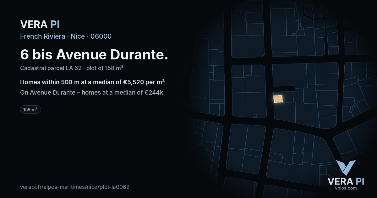 6 bis Avenue Durante, Nice at night – the plot lit, the parcels around coloured by the prices near them