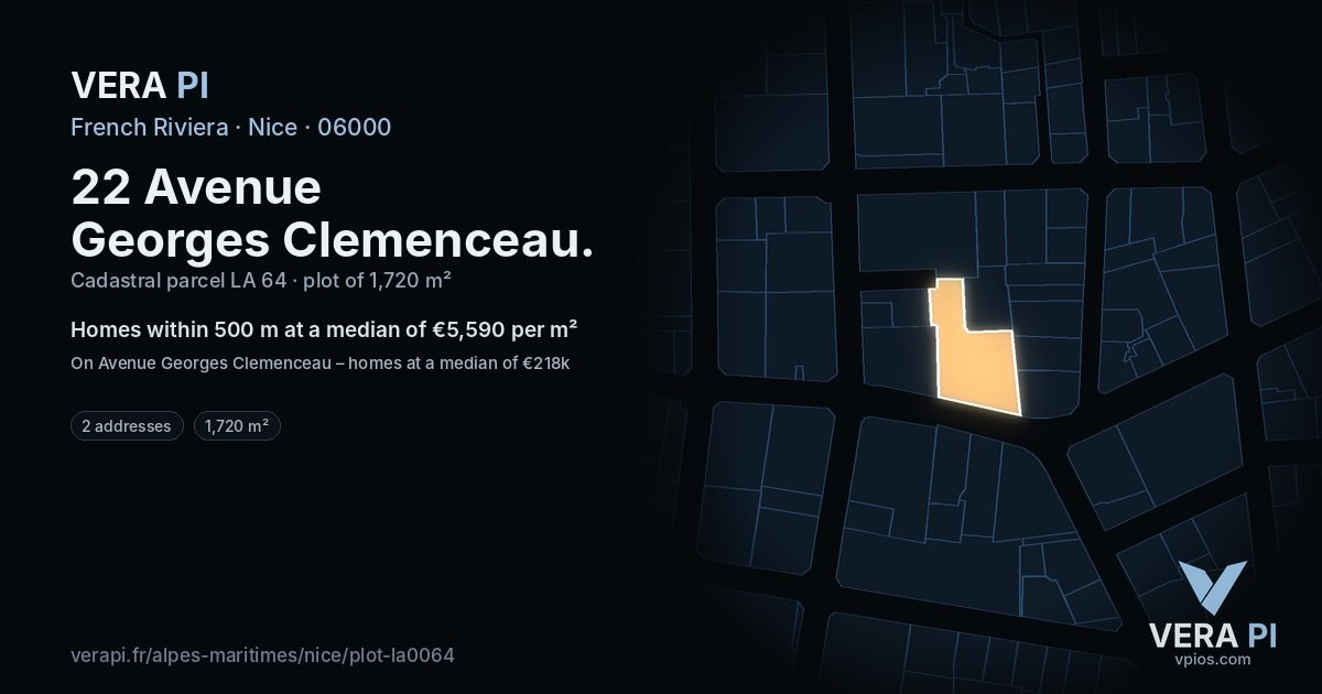 22 Avenue Georges Clemenceau, Nice at night – the plot lit, the parcels around coloured by the prices near them