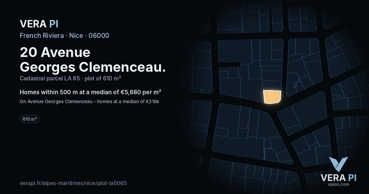 20 Avenue Georges Clemenceau, Nice at night – the plot lit, the parcels around coloured by the prices near them