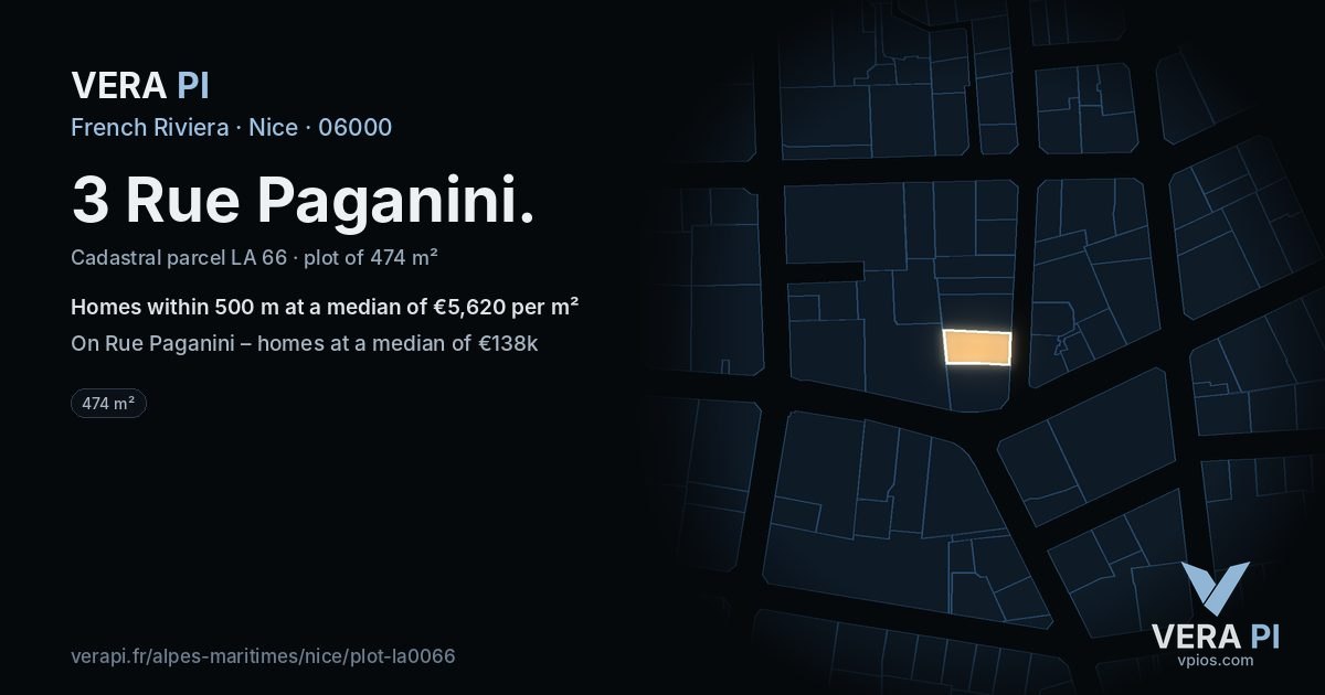 3 Rue Paganini, Nice at night – the plot lit, the parcels around coloured by the prices near them