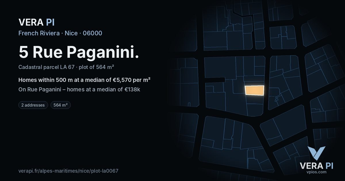 5 Rue Paganini, Nice at night – the plot lit, the parcels around coloured by the prices near them