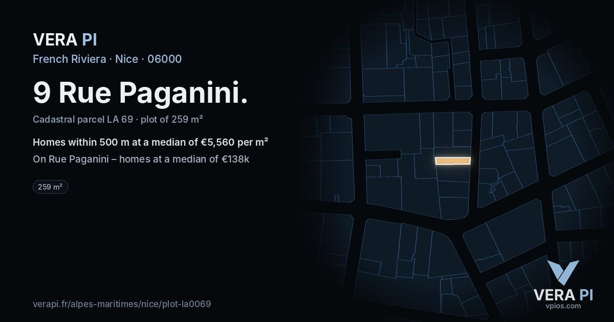 9 Rue Paganini, Nice at night – the plot lit, the parcels around coloured by the prices near them