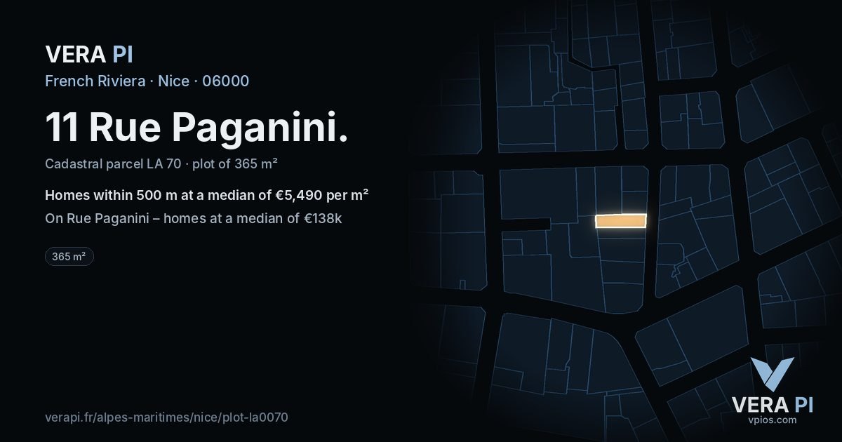11 Rue Paganini, Nice at night – the plot lit, the parcels around coloured by the prices near them