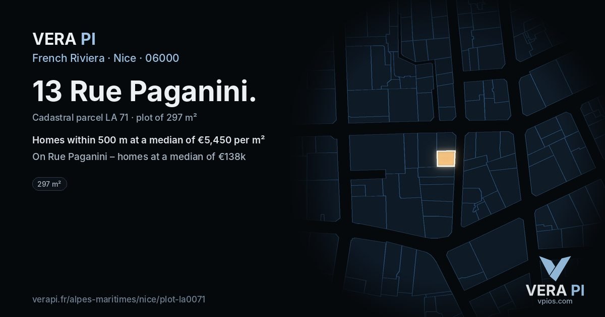 13 Rue Paganini, Nice at night – the plot lit, the parcels around coloured by the prices near them