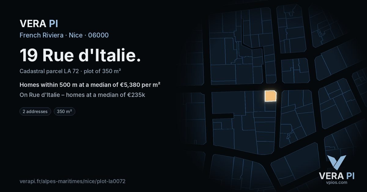 19 Rue d'Italie, Nice at night – the plot lit, the parcels around coloured by the prices near them