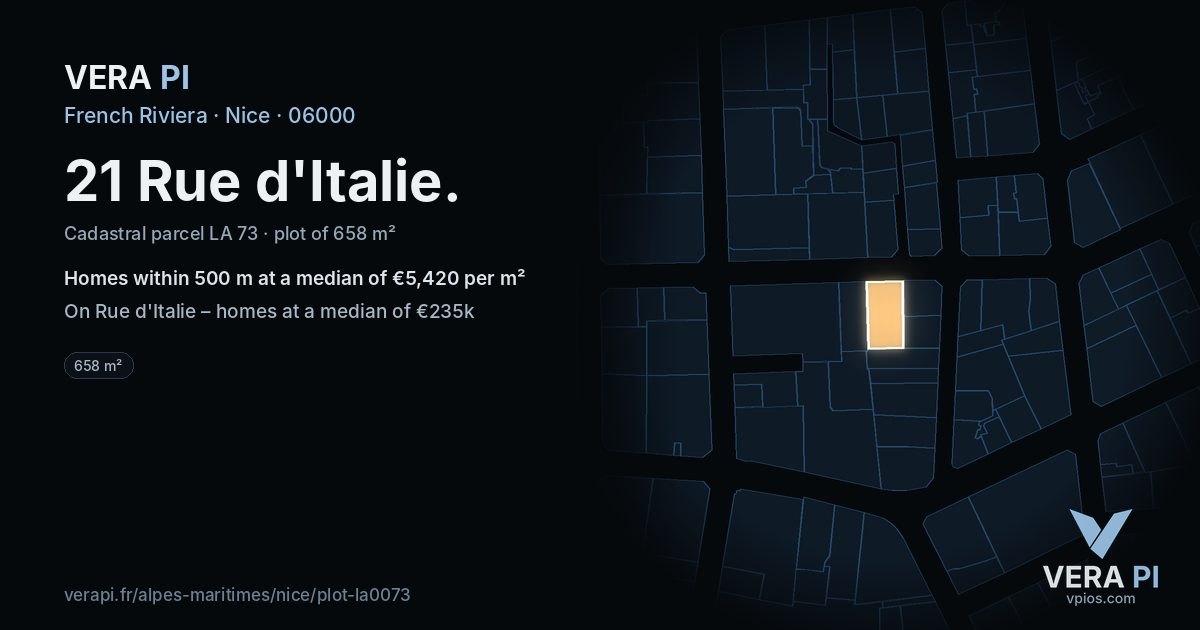 21 Rue d'Italie, Nice at night – the plot lit, the parcels around coloured by the prices near them