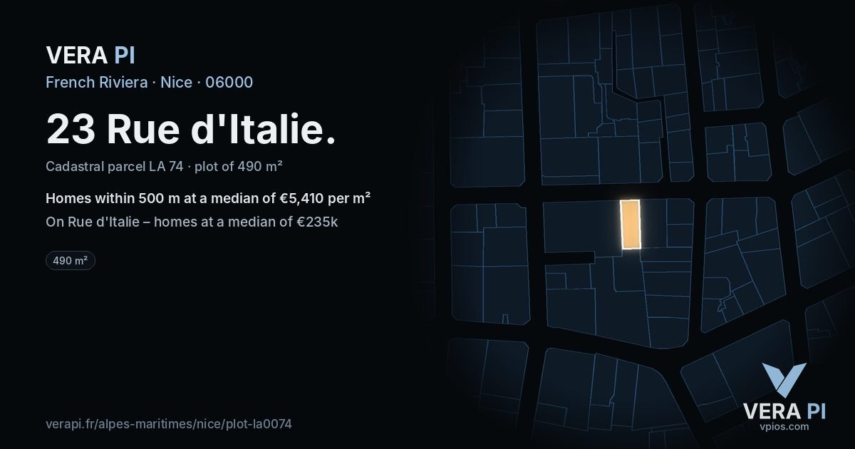 23 Rue d'Italie, Nice at night – the plot lit, the parcels around coloured by the prices near them