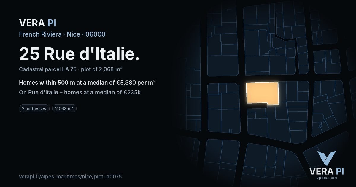 25 Rue d'Italie, Nice at night – the plot lit, the parcels around coloured by the prices near them