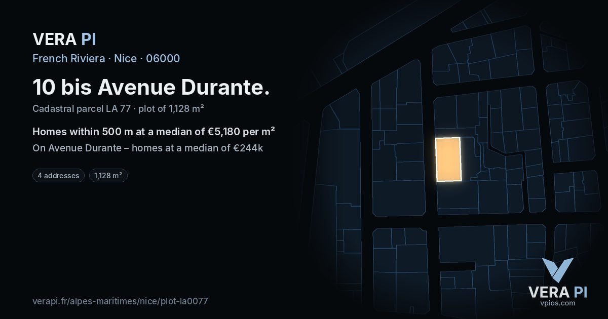 10 bis Avenue Durante, Nice at night – the plot lit, the parcels around coloured by the prices near them