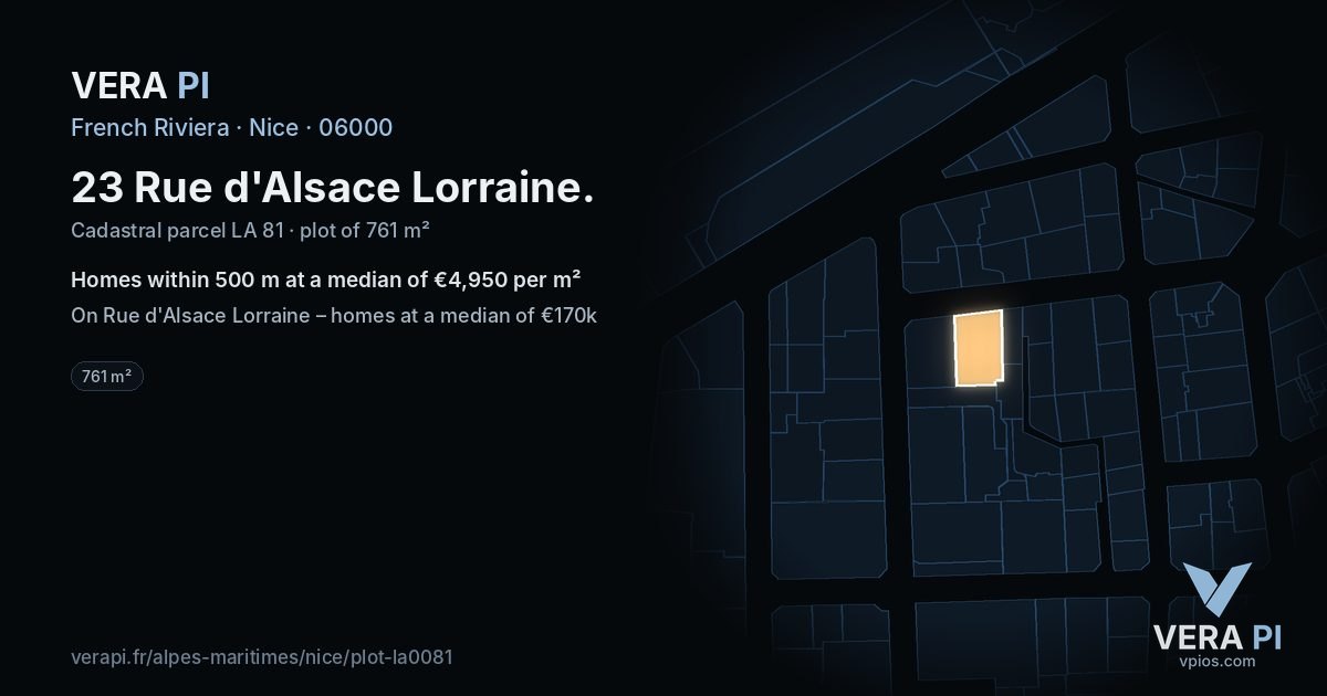 23 Rue d'Alsace Lorraine, Nice at night – the plot lit, the parcels around coloured by the prices near them
