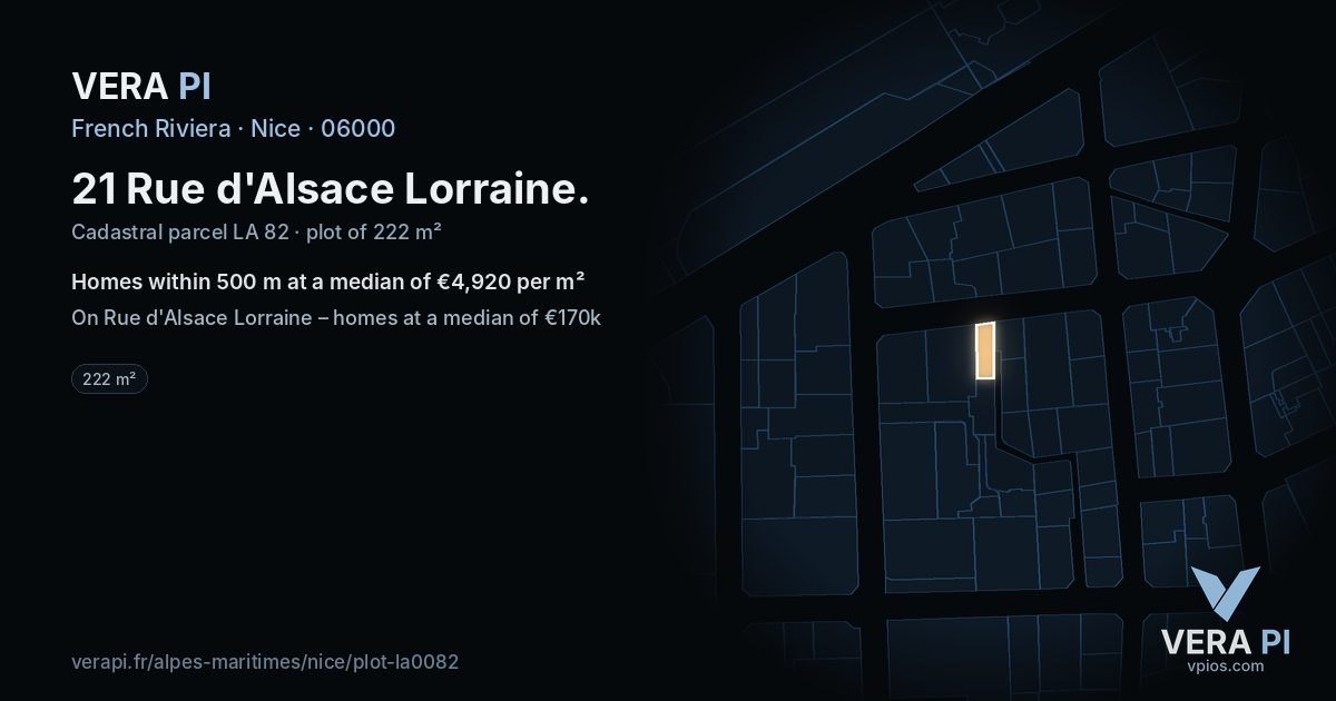 21 Rue d'Alsace Lorraine, Nice at night – the plot lit, the parcels around coloured by the prices near them