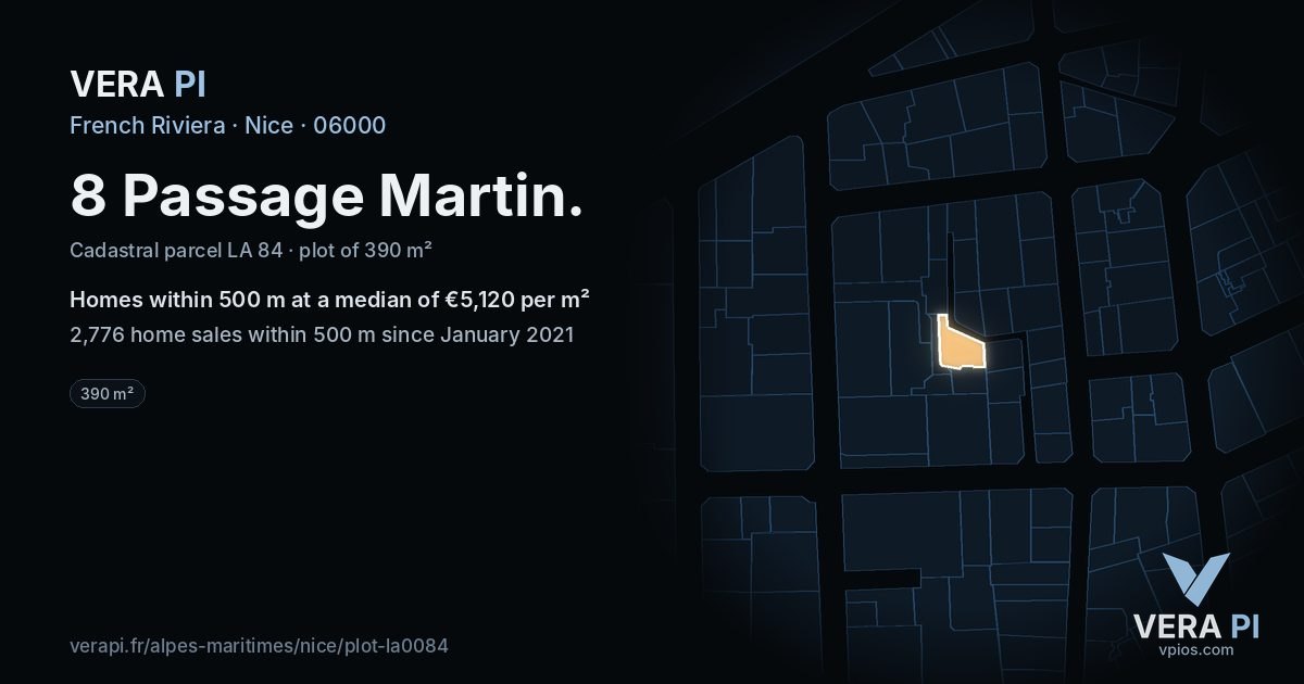 8 Passage Martin, Nice at night – the plot lit, the parcels around coloured by the prices near them