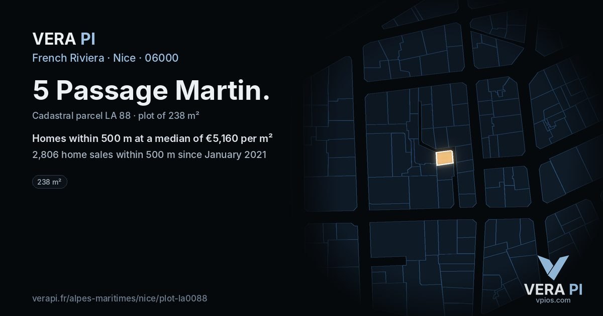 5 Passage Martin, Nice at night – the plot lit, the parcels around coloured by the prices near them