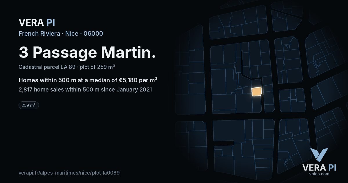 3 Passage Martin, Nice at night – the plot lit, the parcels around coloured by the prices near them