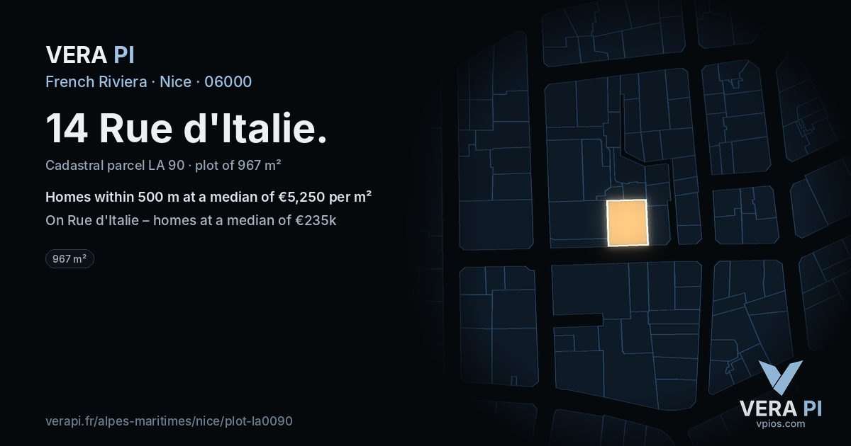 14 Rue d'Italie, Nice at night – the plot lit, the parcels around coloured by the prices near them
