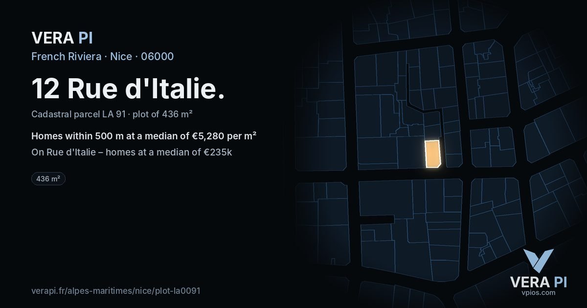 12 Rue d'Italie, Nice at night – the plot lit, the parcels around coloured by the prices near them