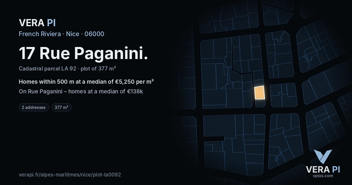 17 Rue Paganini, Nice at night – the plot lit, the parcels around coloured by the prices near them