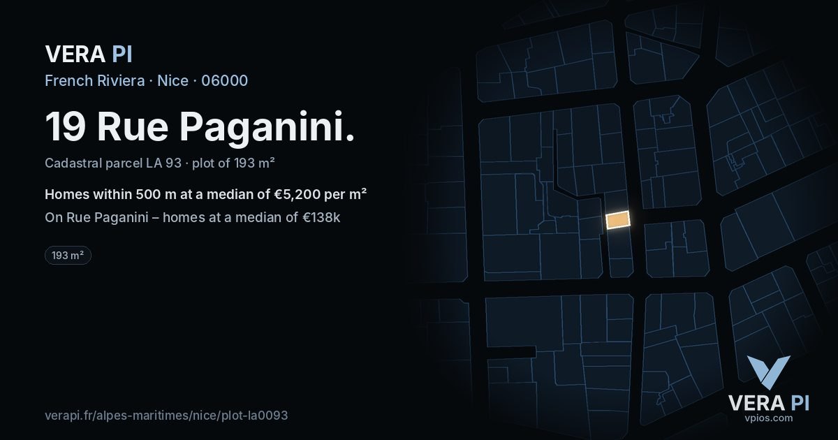 19 Rue Paganini, Nice at night – the plot lit, the parcels around coloured by the prices near them
