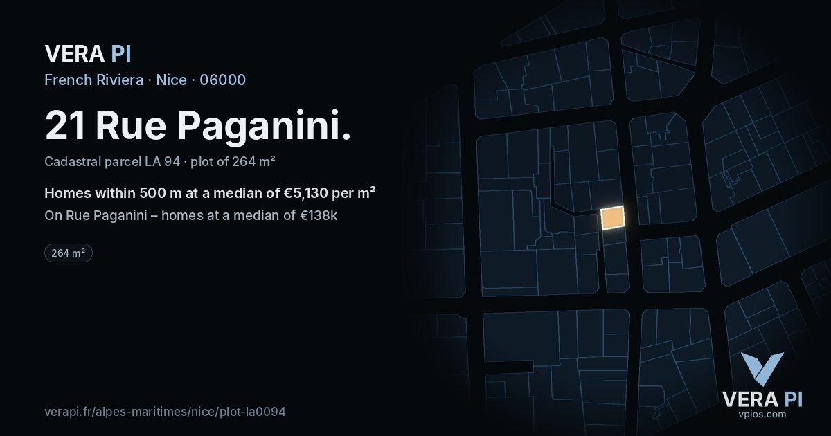 21 Rue Paganini, Nice at night – the plot lit, the parcels around coloured by the prices near them