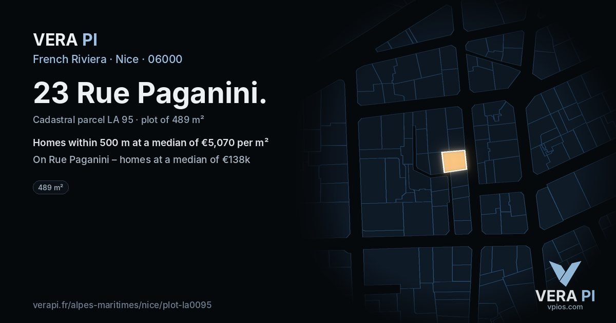 23 Rue Paganini, Nice at night – the plot lit, the parcels around coloured by the prices near them
