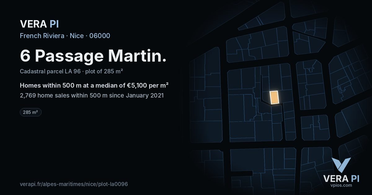6 Passage Martin, Nice at night – the plot lit, the parcels around coloured by the prices near them