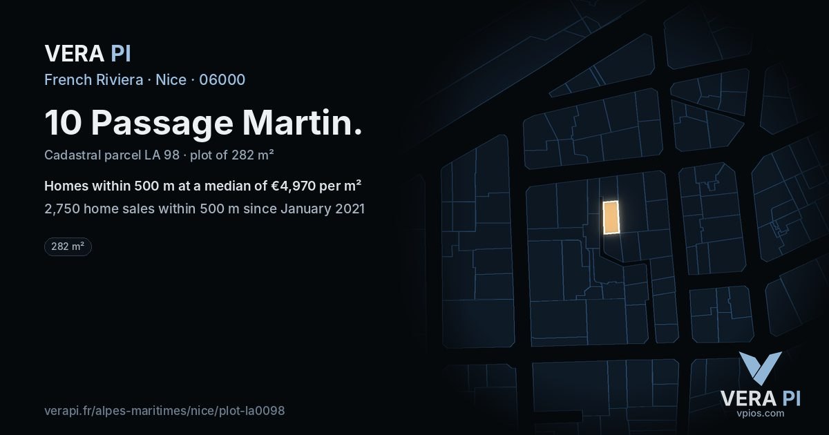 10 Passage Martin, Nice at night – the plot lit, the parcels around coloured by the prices near them