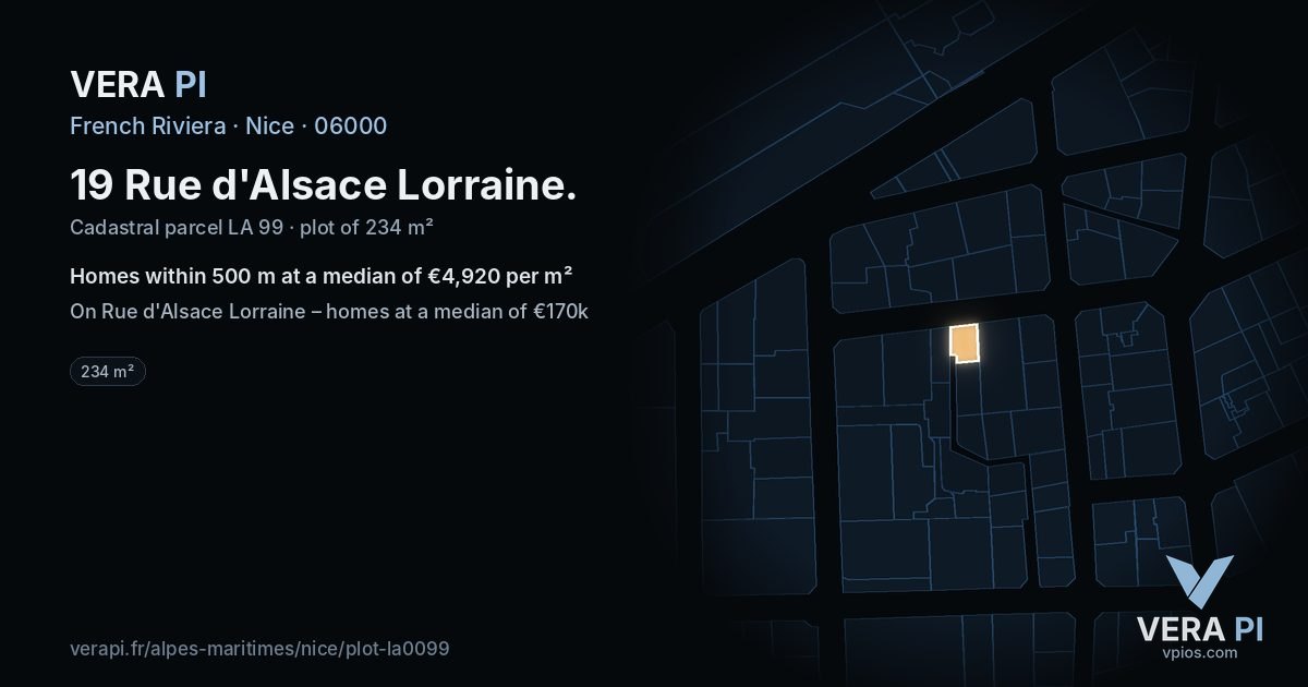 19 Rue d'Alsace Lorraine, Nice at night – the plot lit, the parcels around coloured by the prices near them