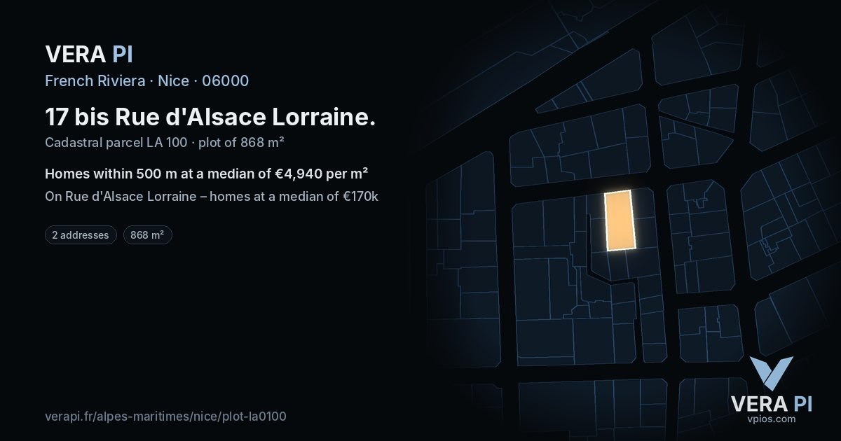 17 bis Rue d'Alsace Lorraine, Nice at night – the plot lit, the parcels around coloured by the prices near them