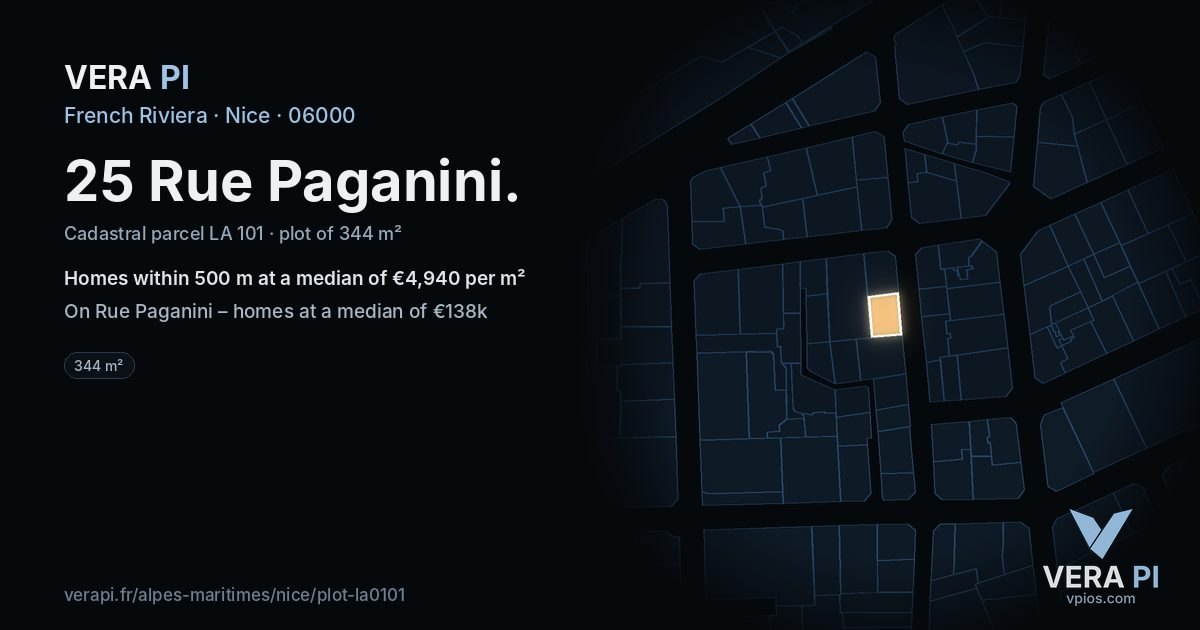 25 Rue Paganini, Nice at night – the plot lit, the parcels around coloured by the prices near them
