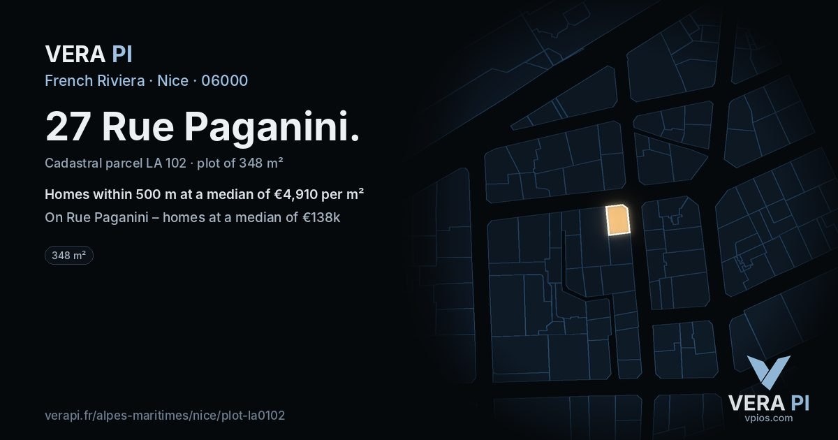 27 Rue Paganini, Nice at night – the plot lit, the parcels around coloured by the prices near them