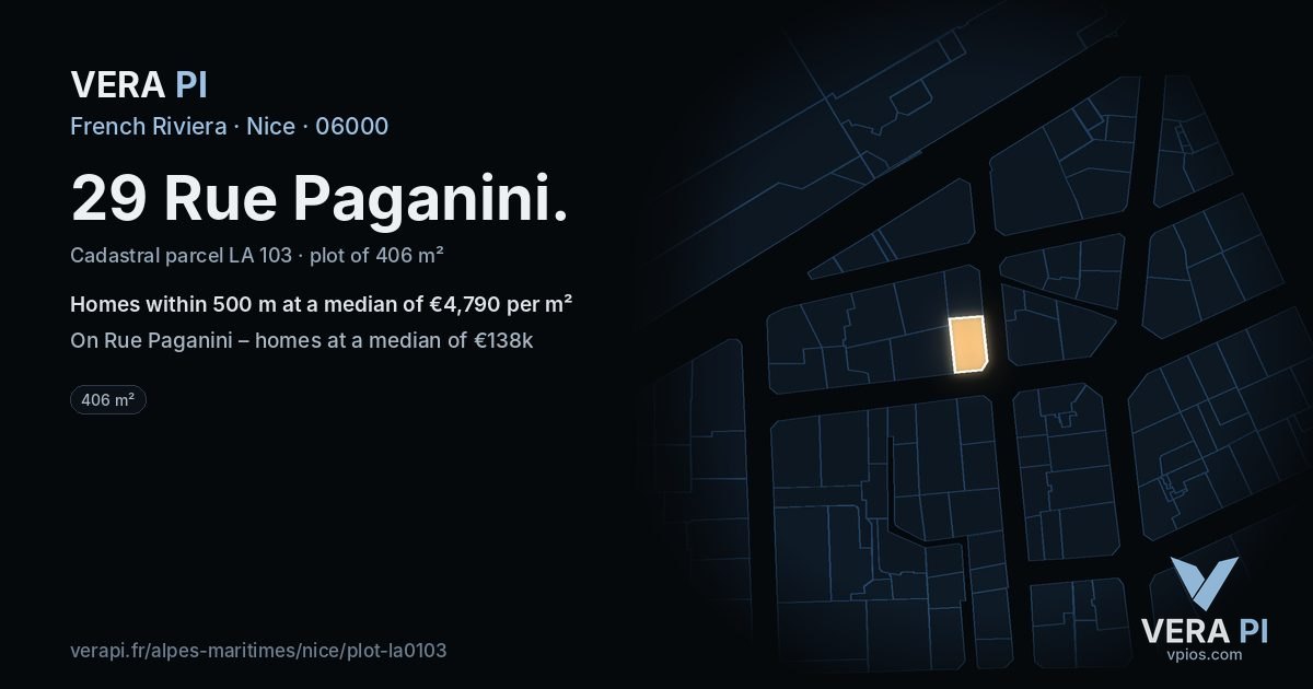 29 Rue Paganini, Nice at night – the plot lit, the parcels around coloured by the prices near them