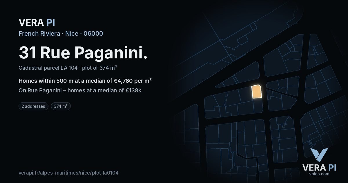 31 Rue Paganini, Nice at night – the plot lit, the parcels around coloured by the prices near them