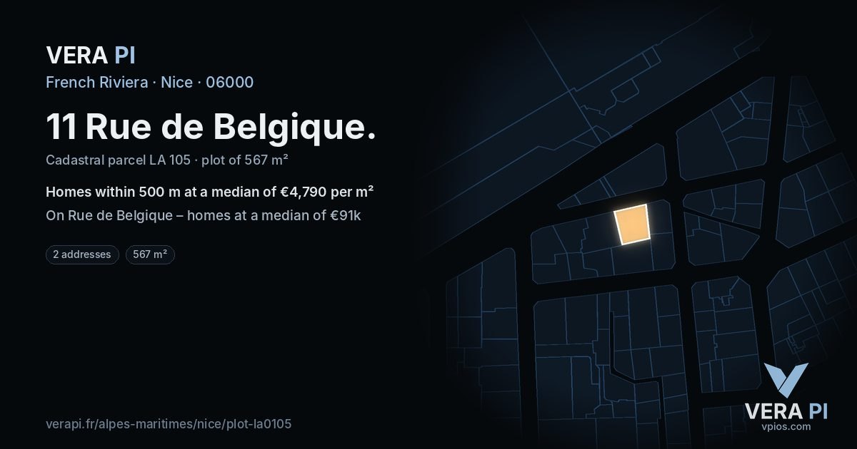 11 Rue de Belgique, Nice at night – the plot lit, the parcels around coloured by the prices near them