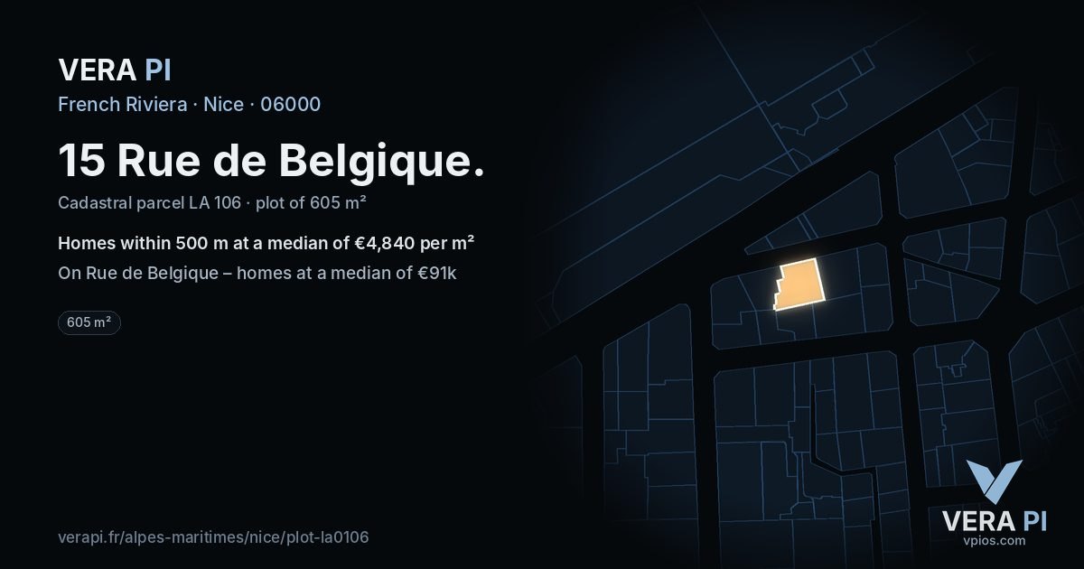 15 Rue de Belgique, Nice at night – the plot lit, the parcels around coloured by the prices near them