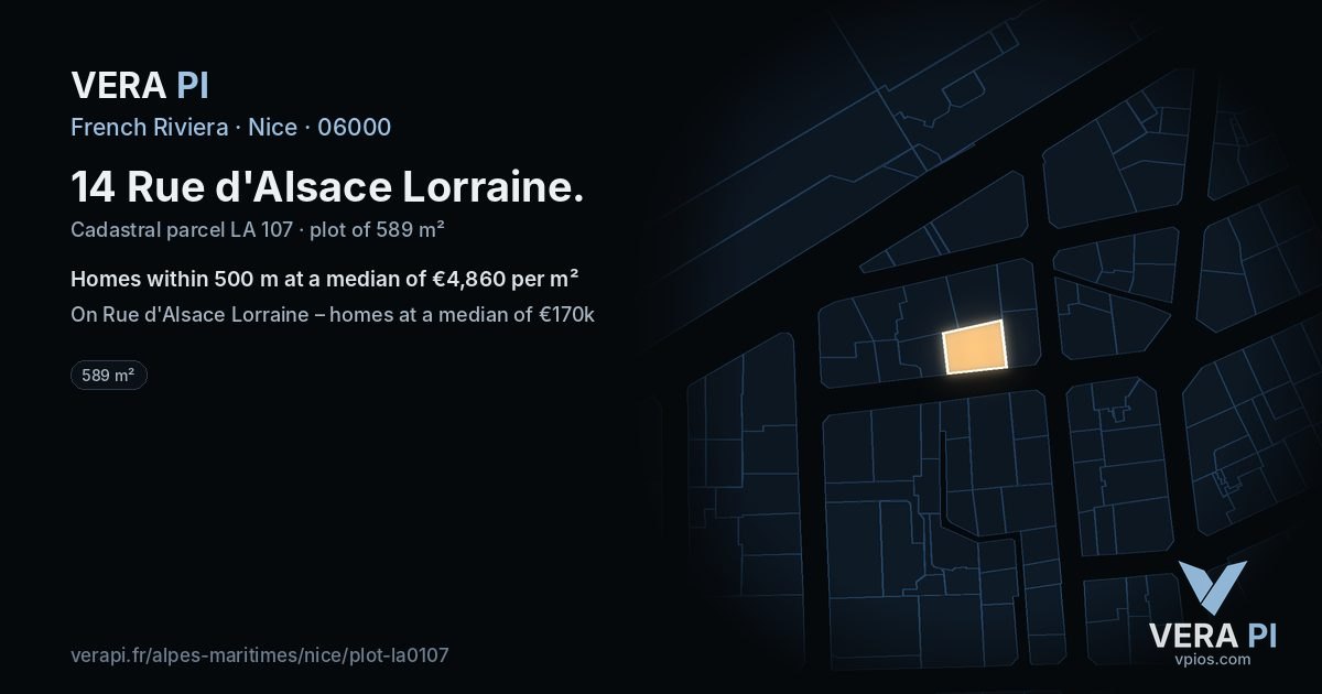 14 Rue d'Alsace Lorraine, Nice at night – the plot lit, the parcels around coloured by the prices near them