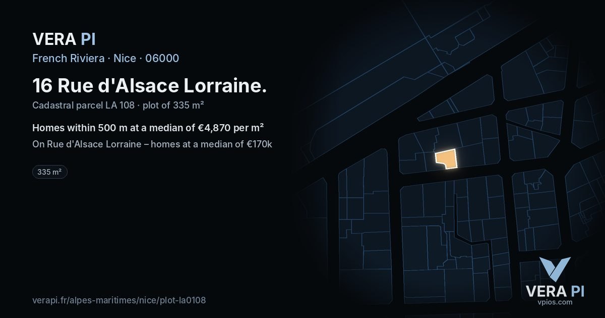 16 Rue d'Alsace Lorraine, Nice at night – the plot lit, the parcels around coloured by the prices near them