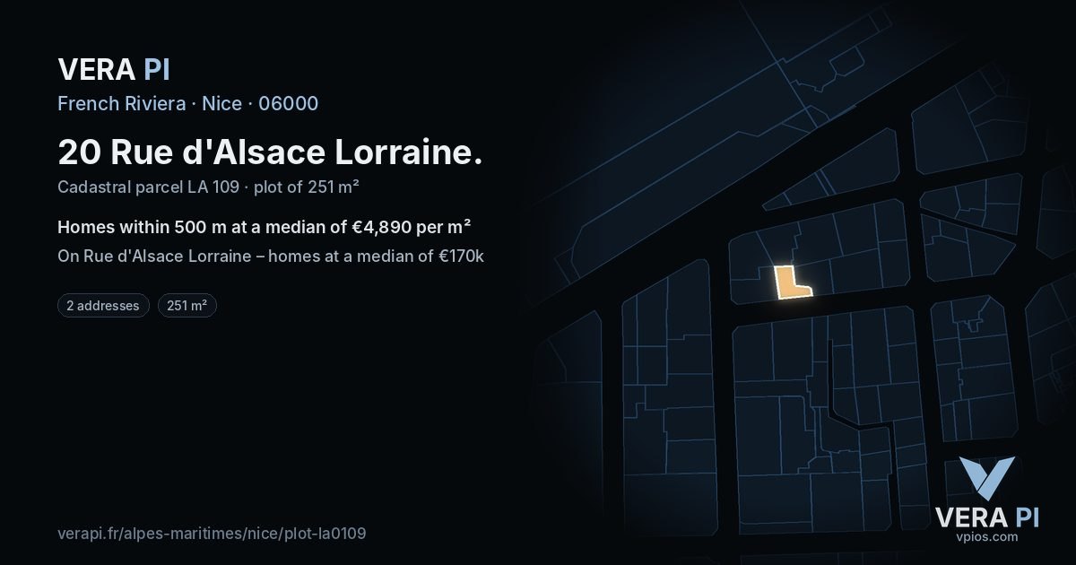 20 Rue d'Alsace Lorraine, Nice at night – the plot lit, the parcels around coloured by the prices near them