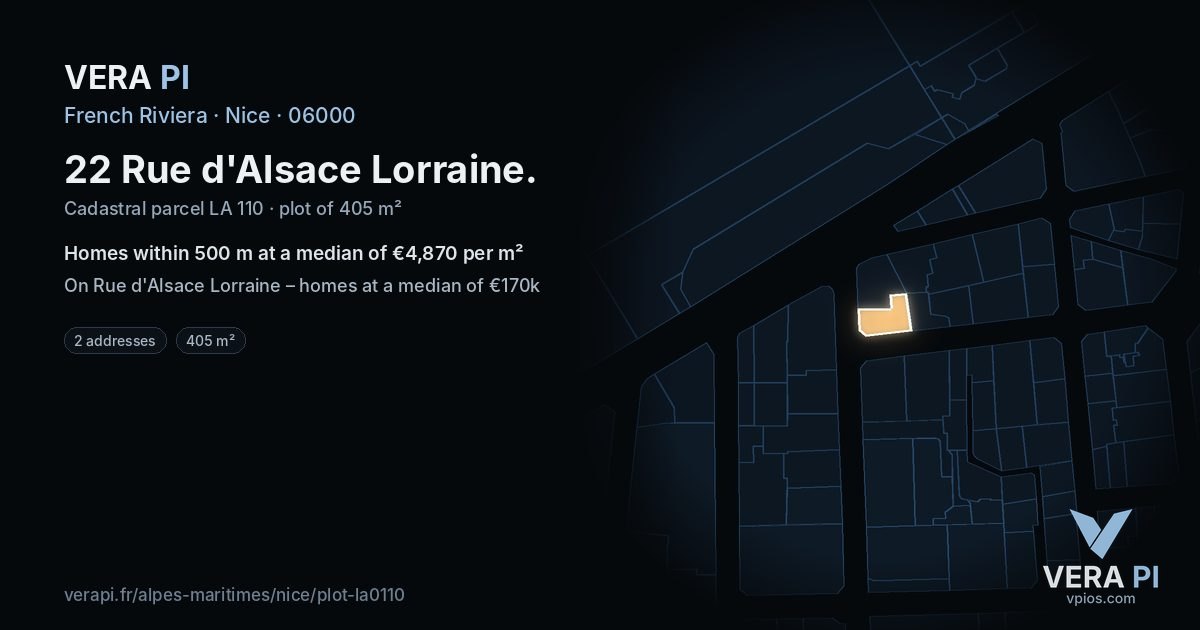 22 Rue d'Alsace Lorraine, Nice at night – the plot lit, the parcels around coloured by the prices near them