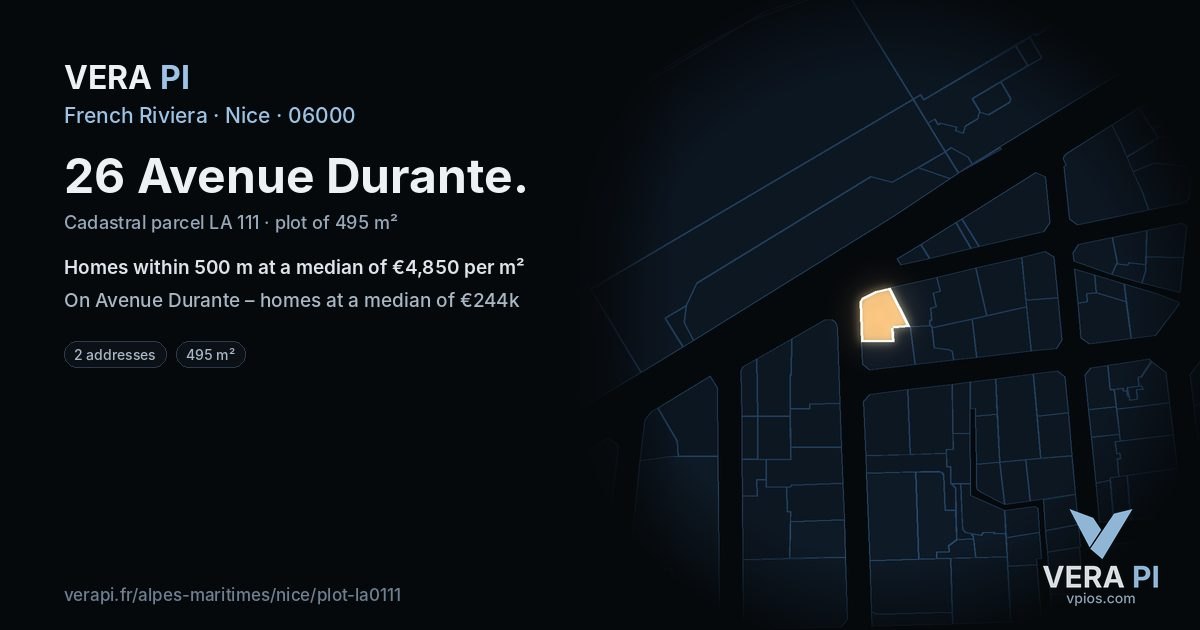 26 Avenue Durante, Nice at night – the plot lit, the parcels around coloured by the prices near them