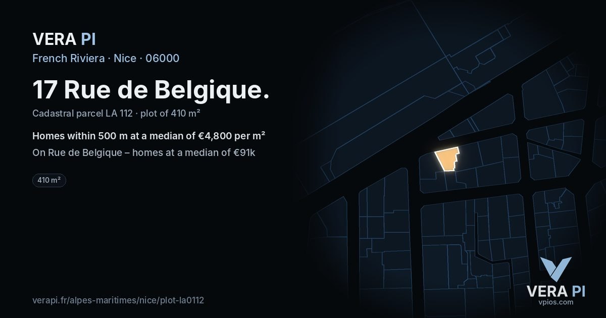 17 Rue de Belgique, Nice at night – the plot lit, the parcels around coloured by the prices near them