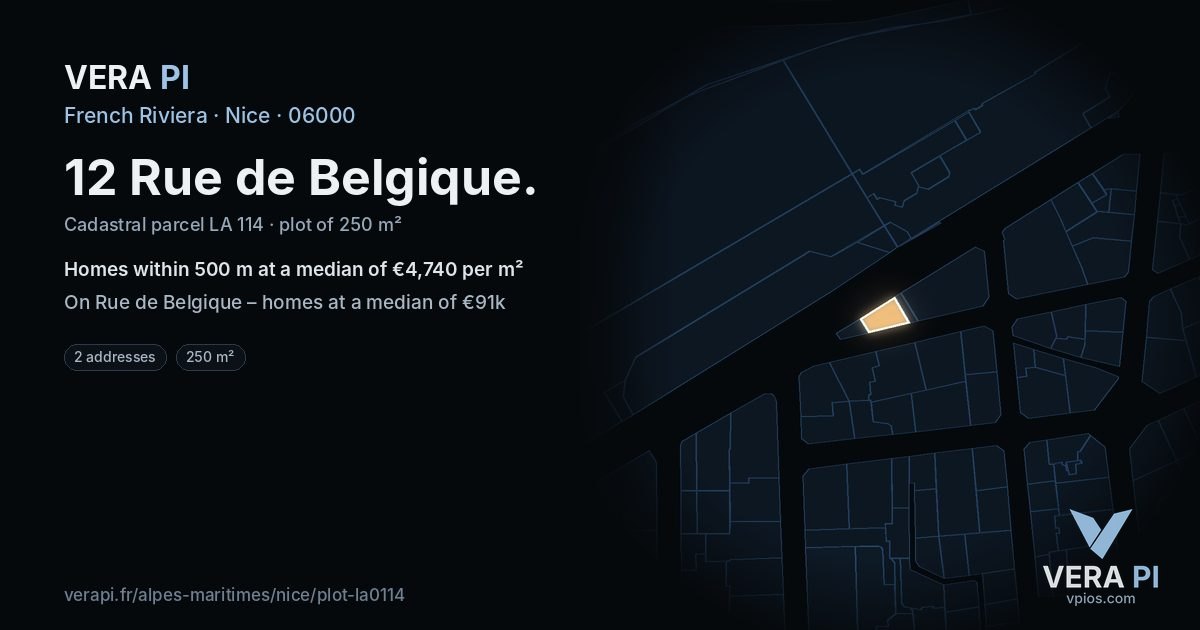 12 Rue de Belgique, Nice at night – the plot lit, the parcels around coloured by the prices near them