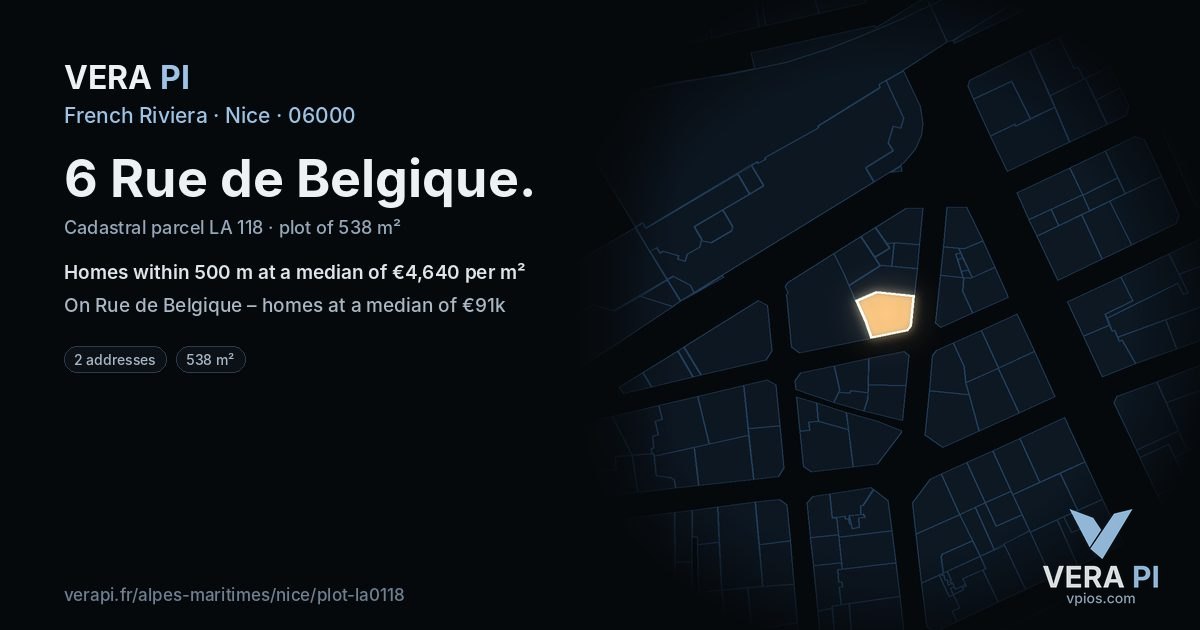 6 Rue de Belgique, Nice at night – the plot lit, the parcels around coloured by the prices near them