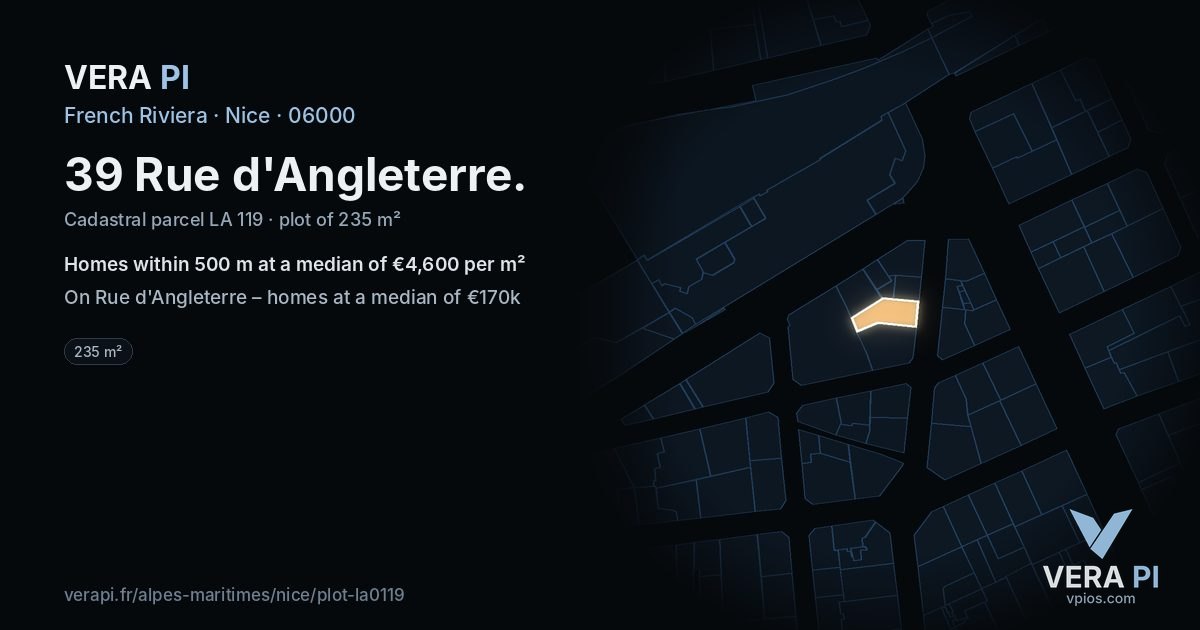 39 Rue d'Angleterre, Nice at night – the plot lit, the parcels around coloured by the prices near them