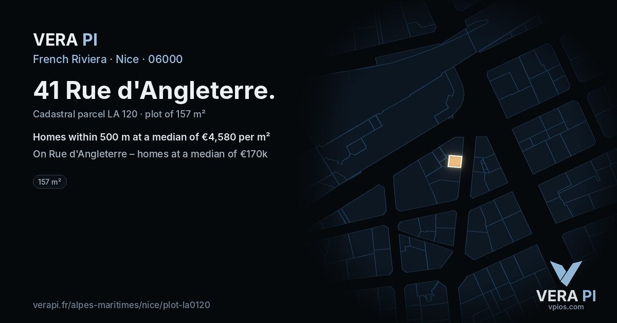 41 Rue d'Angleterre, Nice at night – the plot lit, the parcels around coloured by the prices near them