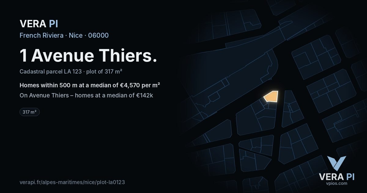1 Avenue Thiers, Nice at night – the plot lit, the parcels around coloured by the prices near them