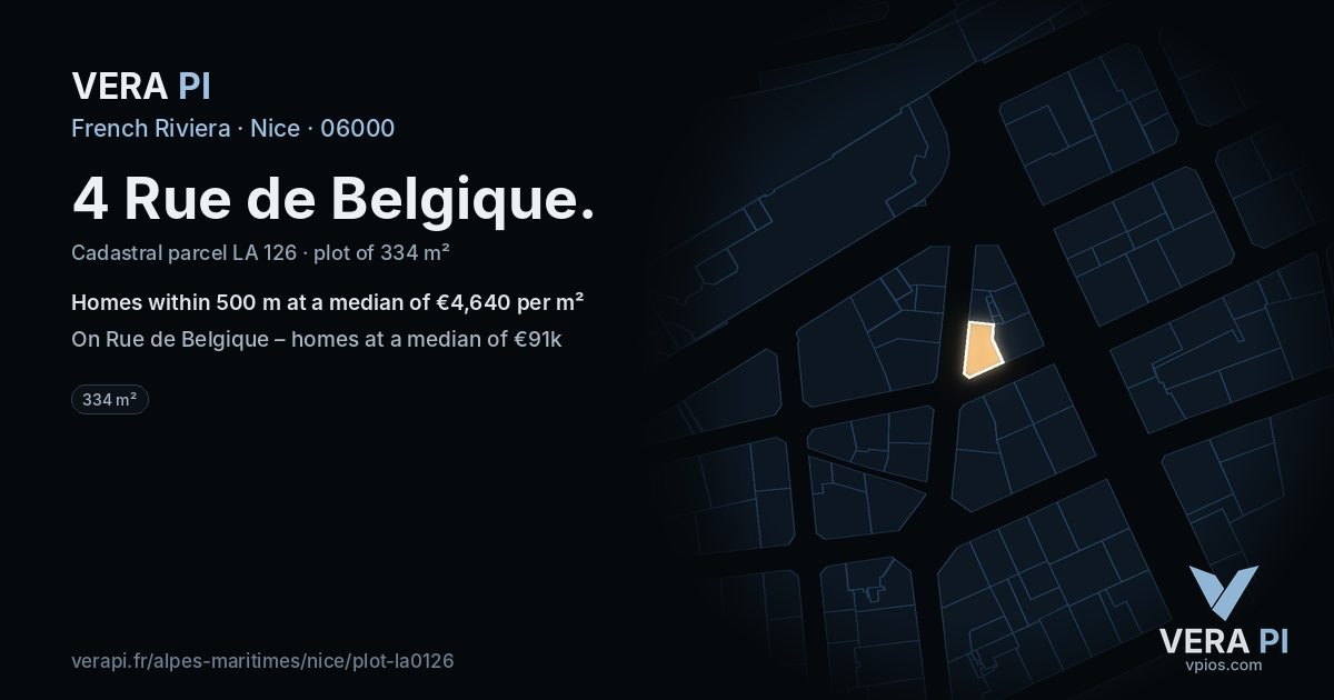 4 Rue de Belgique, Nice at night – the plot lit, the parcels around coloured by the prices near them