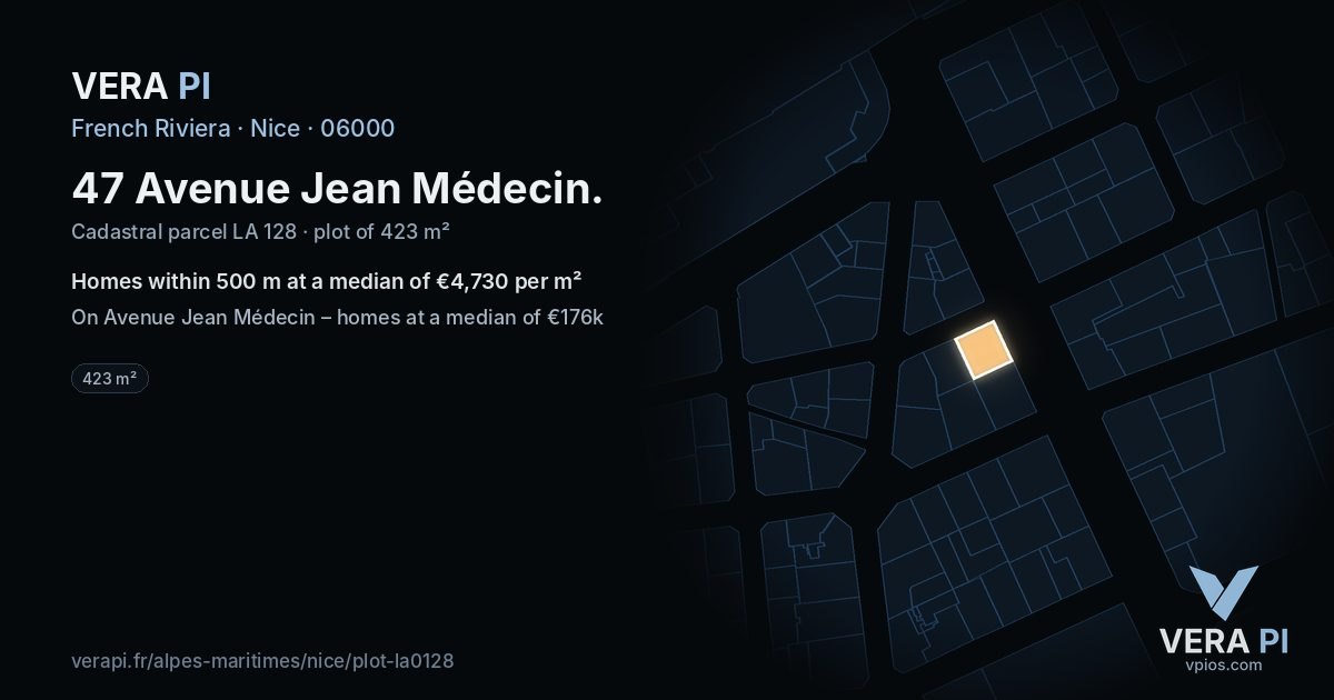 47 Avenue Jean Médecin, Nice at night – the plot lit, the parcels around coloured by the prices near them