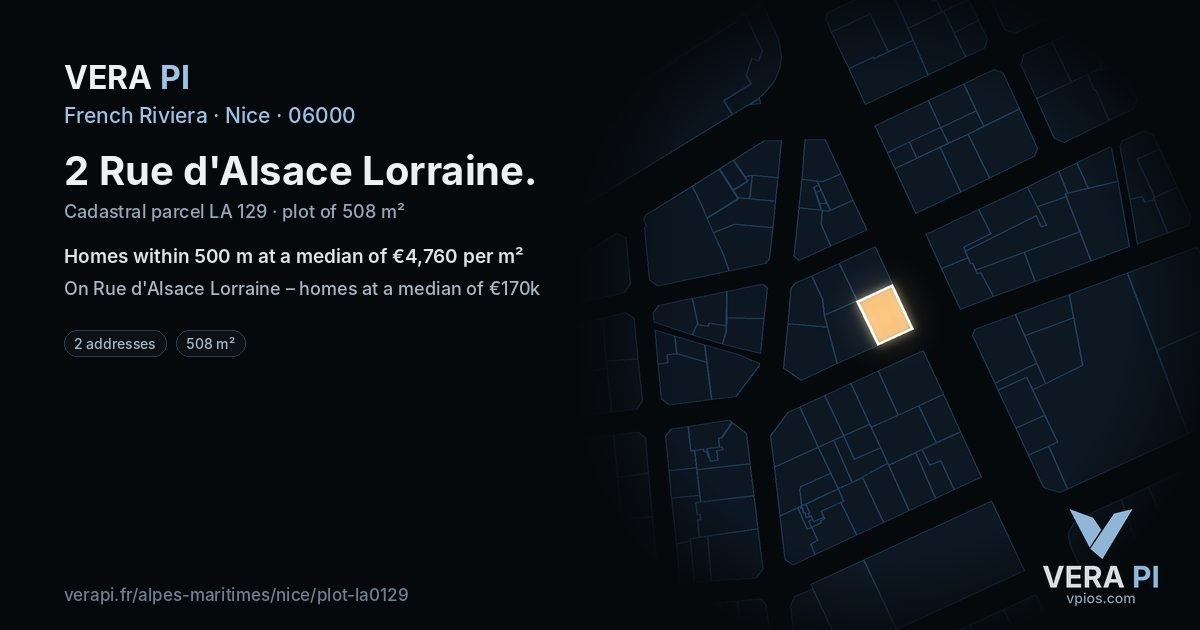 2 Rue d'Alsace Lorraine, Nice at night – the plot lit, the parcels around coloured by the prices near them