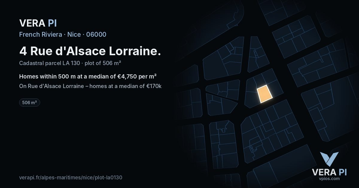 4 Rue d'Alsace Lorraine, Nice at night – the plot lit, the parcels around coloured by the prices near them
