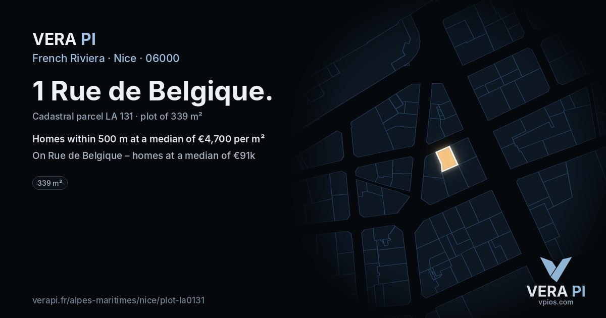 1 Rue de Belgique, Nice at night – the plot lit, the parcels around coloured by the prices near them